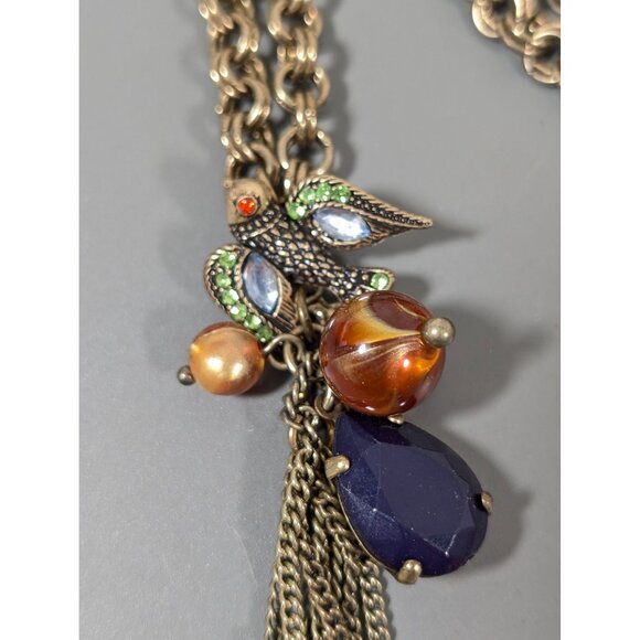 Antiqued Gold Tone Dove Bird Blue Rhinestone Cluster Charm Tassel Long Necklace - Picture 1 of 7